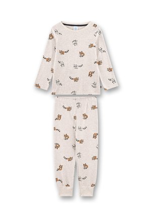 Kinder-Pyjama-Set in Hellgrau mit einem Waschbär-Motiv. Weicher Stoff, lange Ärmel, elastischer Bund und gerippte Bündchen.