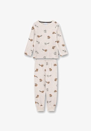 Kinder-Pyjama-Set in Hellgrau mit einem Waschbär-Motiv. Weicher Stoff, lange Ärmel, elastischer Bund und gerippte Bündchen.