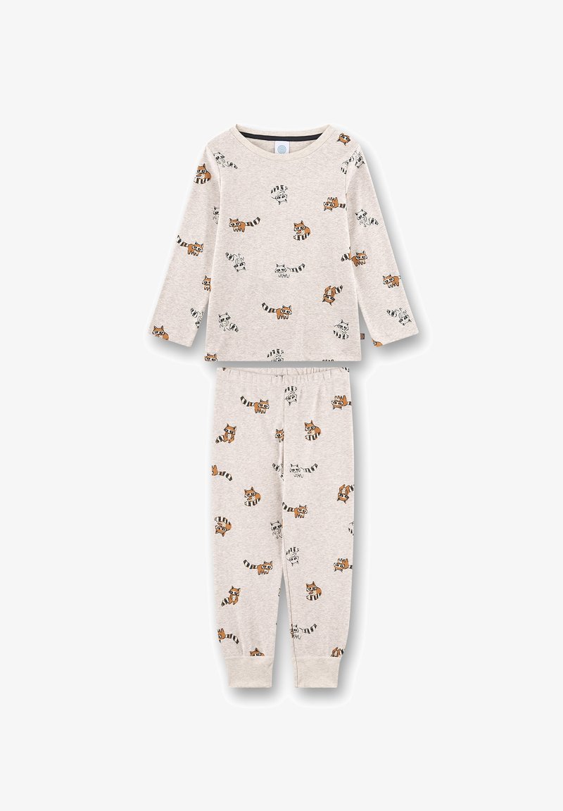 Children's pajama set in light gray with a raccoon print. Soft fabric, long sleeves, elastic waistband, and ribbed cuffs.