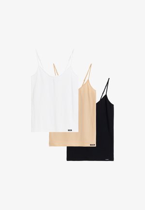 Trzy topy na ramiączkach w kolorze białym, beżowym i czarnym. Wykonane z gładkiego materiału z cienkimi ramiączkami. Każdy z nich ma małą metkę marki na dole.