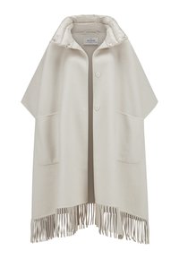 Beige Wolle-Mischung Umhang mit einem gesteppten Innenkragen, vorderen Knöpfen und zwei Seitentaschen; mit fransigem Saumdetail.