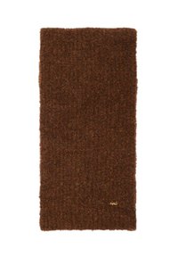 Coperta in lana marrone con una superficie testurizzata, caratterizzata da un delicato motivo intrecciato e un piccolo logo dorato su un bordo.