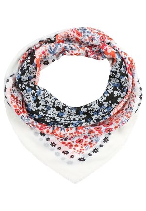 Lichtgewicht sjaal met gelaagde bloemmotieven in zwart, wit, rood en blauw, losjes rondgevouwen in een cirkelvorm op een witte achtergrond.