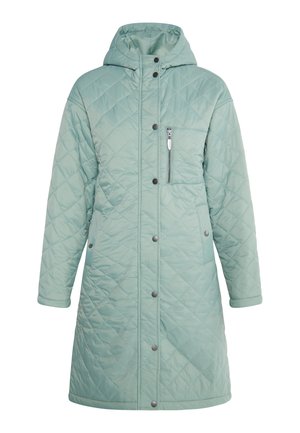 Gequilted, knielang jack in licht mintgroen. Voorzien van een capuchon, drukknoopsluiting, ritszak en lange mouwen. Glad synthetisch materiaal.