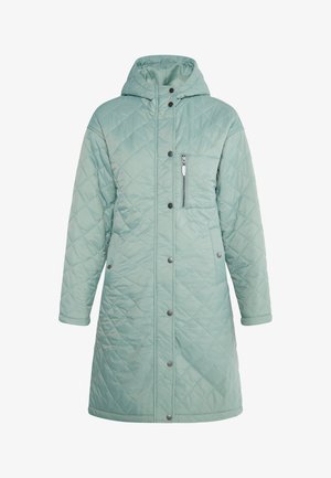 Gequilted, knielang jack in licht mintgroen. Voorzien van een capuchon, drukknoopsluiting, ritszak en lange mouwen. Glad synthetisch materiaal.