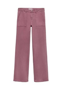 Pantalones de pierna ancha en algodón malva con una textura suave; cuentan con bolsillos frontales y un cierre de botón. Diseño limpio sin patrones visibles.