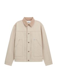 Giacca in denim beige con colletto, due tasche frontali e chiusura frontale con bottoni e dettagli di cucitura a contrasto.