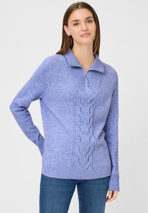 Light blue sweater with a high collar, quarter-zip, and cable knit design down the front. Features long sleeves and a textured finish.
