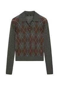Lange mouwen polo sweater in donkergrijs met een diamantpatroon in bruin en lichtgrijs. Met een kraag en drie knopen bij de hals.
