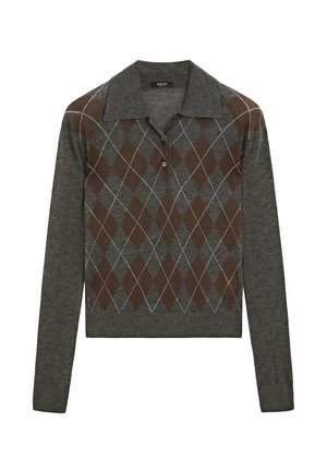Długi rękaw sweter polo w ciemnoszarym kolorze z diamentowym wzorem w brązowym i jasnoszarym odcieniu. Posiada kołnierzyk i trzy guziki przy szyi.