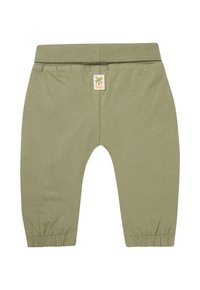 Lichtgroene katoenen peuterbroek met een elastische tailleband, omgeslagen boorden en een klein label met een palmboommotief op de achterkant.