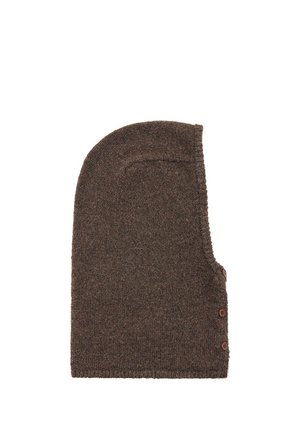 Cagoule tricotée marron avec trois boutons le long d'un côté, conçue pour couvrir la tête et le cou.