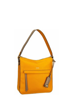 Gelbe Leder-Umhängetasche mit strukturiertem Oberflächen, hellbraunem Schulterriemen, Reißverschlussverschluss, Vordertasche und einem kleinen angebundenen Fach.