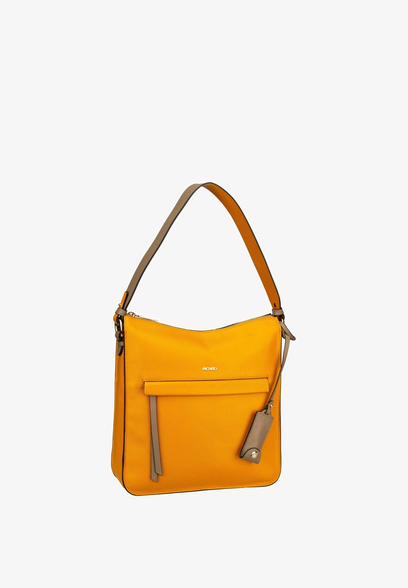 Gelbe Leder-Umhängetasche mit strukturiertem Oberflächen, hellbraunem Schulterriemen, Reißverschlussverschluss, Vordertasche und einem kleinen angebundenen Fach.