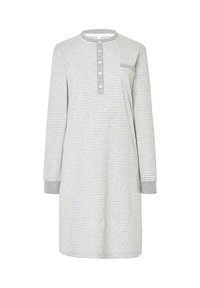 Vestido de noche de manga larga en gris claro con rayas blancas, con cuello abotonado y acentos en los puños en gris. Incluye un bolsillo en el pecho.