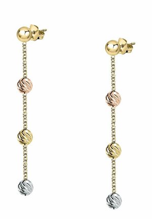 Goldfarbene Ohrringe mit drei Perlen in abgestuften Farben: Silber, Roségold und Gelbgold, die an einer filigranen Kette hängen.
