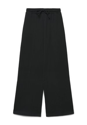 Pantalon noir à jambes larges avec taille élastique et cordon, conçu pour un usage décontracté ou lounging.