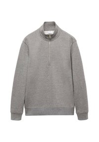 Sudadera gris con cuello de media cremallera, mangas largas y dobladillo acanalado. Hecha de material suave, con una textura lisa y un diseño sencillo.