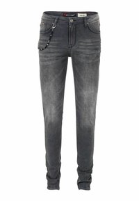 Grijze denim jeans met een slim fit, voorzien van vijf zakken, een metalen ritssluiting en een decoratieve ketting op de tailleband. Lichte whisker-details aanwezig.