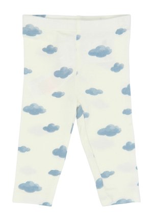 Hvide babyleggings med et mønster af små blå skyer jævnt fordelt på stoffet.