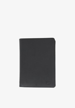 Portafoglio bifold in pelle nera con un discreto logo di rinoceronte in rilievo nell'angolo in basso a destra.