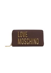 Portafoglio marrone con la scritta "LOVE MOSCHINO" in testo glitter dorato. Chiusura con zip e hardware dorato, texture liscia, forma rettangolare.