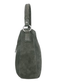 Sac à main en daim vert foncé vue latérale avec une seule anse arrondie attachée par un anneau argenté et une tirette de fermeture éclair visible.