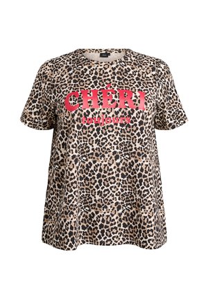 Leopard print short-sleeve t-shirt in beige and black with vibrant red text reading "CHÉRI toujours" on the front. Casual fit design.