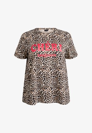 Leopard print short-sleeve t-shirt in beige and black with vibrant red text reading "CHÉRI toujours" on the front. Casual fit design.