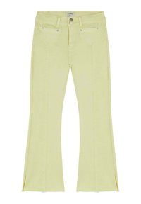Pantaloni a zampa d'elefante in denim giallo con vita alta, tasche anteriori e spacchi laterali all'orlo. Presentano una chiusura con bottone e dettagli di cucitura discreti.