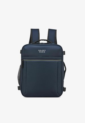 Mochila Delsey Paris de color azul marino con correas acolchadas, bolsillo frontal con cremallera y bolsillo lateral de malla; fabricada con tela duradera, diseño elegante.