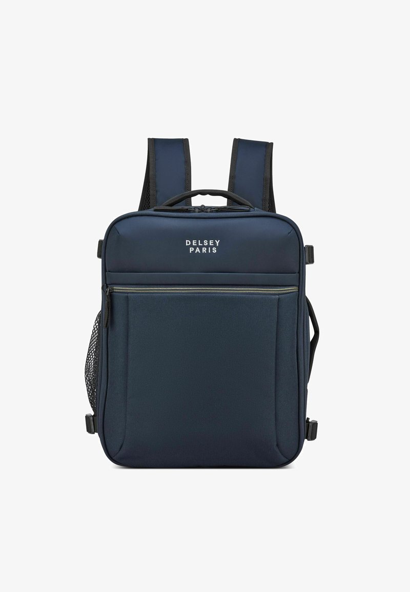 Zaino Delsey Paris blu navy con spallacci imbottiti, tasca con zip frontale e tasca laterale in rete; realizzato in tessuto resistente, design elegante.