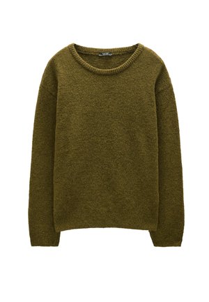 Ciemnooliwkowy sweter z dzianiny z okrągłym dekoltem, długimi rękawami oraz ściągaczami przy mankietach i u dołu. Miękka, fakturowana tkanina o luźnym kroju.