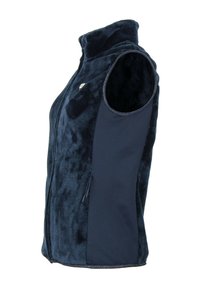 Gilet sans manches bleu marine en tissu peluche avec des détails de panneaux latéraux et une fermeture éclair ; présente un col arrondi et une coupe ajustée.