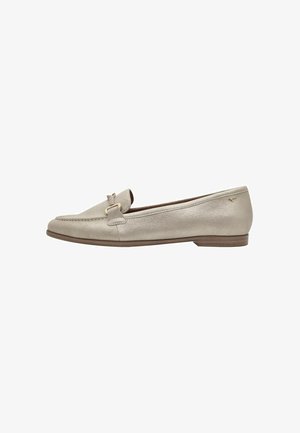 Light gold leather loafers with a rounded toe, discreet stitching, and a small decorative accent on the front. Flat sole, smooth texture.
