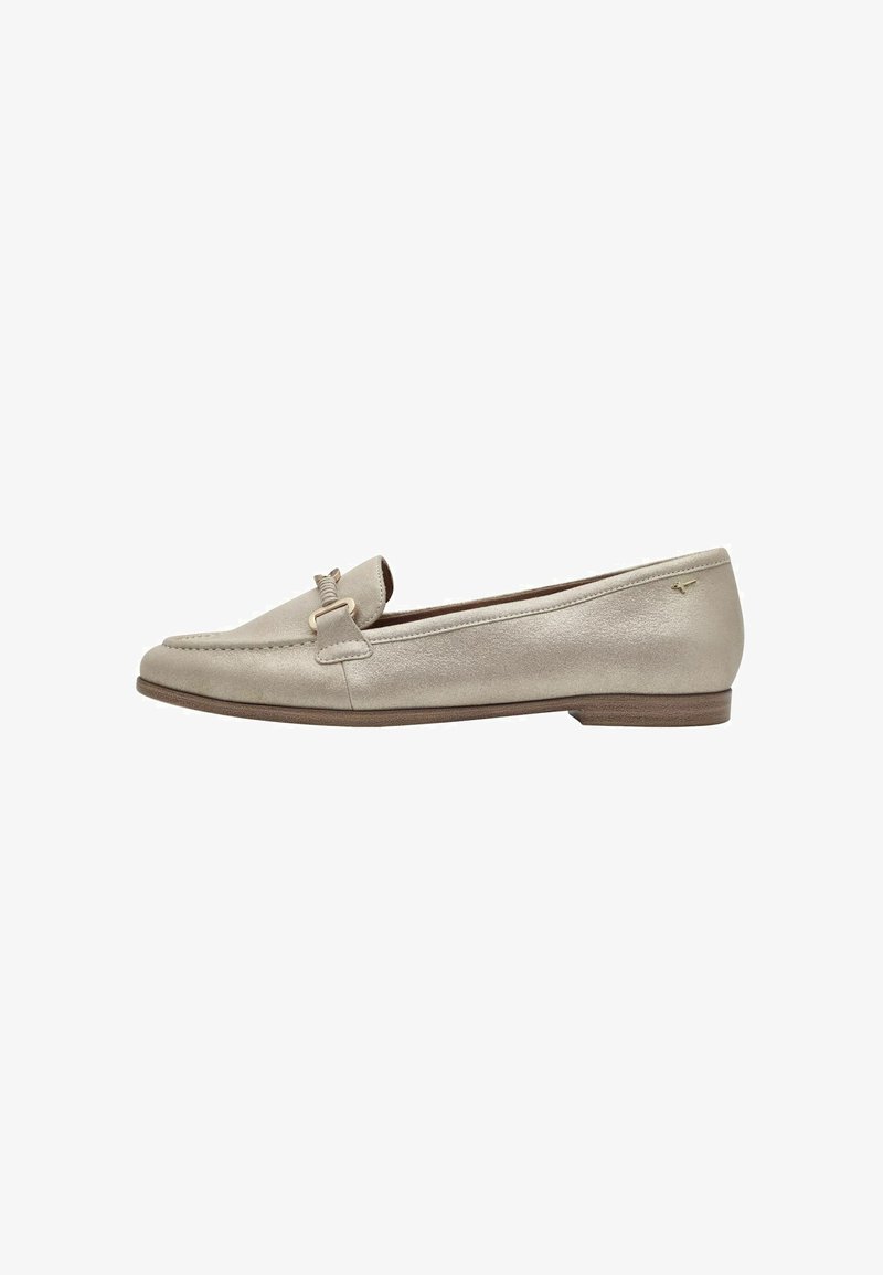Light gold leather loafers with a rounded toe, discreet stitching, and a small decorative accent on the front. Flat sole, smooth texture.