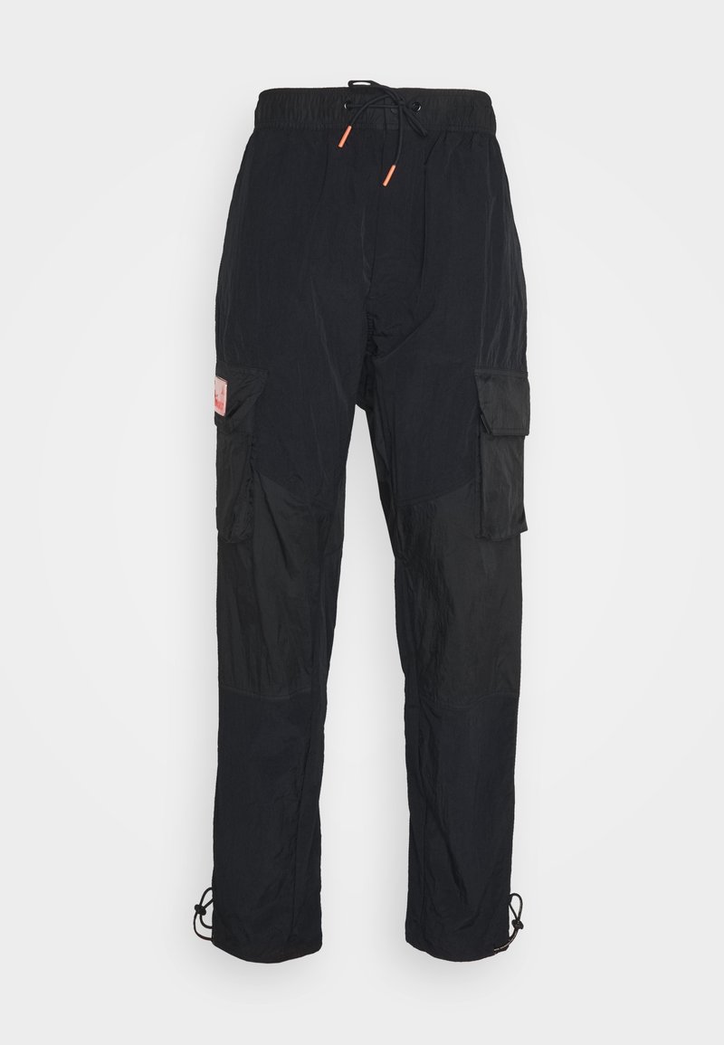 Pantalon cargo noir avec ceinture élastique, fermeture par cordon, multiples poches et cordons ajustables aux chevilles.