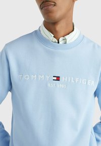 Ljusblå sweatshirt med ribbad rund hals, med vitbroderad text och logotyp "TOMMY HILFIGER". Bärs över en grönrandig skjorta.