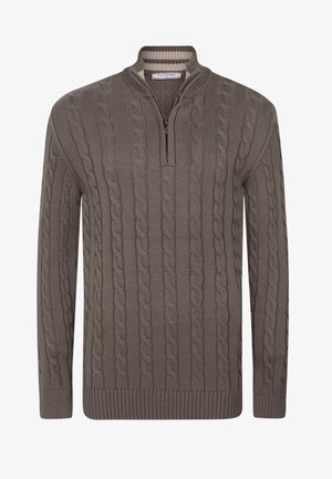 Maglione a maglia cable-knit in taupe, con colletto a metà zip, polsini e bordo a costine. Realizzato in tessuto lavorato a maglia strutturato.