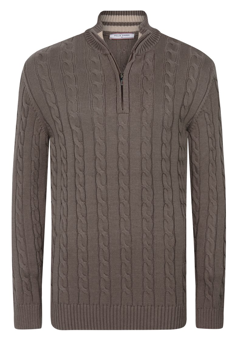 Cable-knit pullover trui in taupe, met een kraag met halve rits, geribbelde manchetten en zoom. Gemaakt van een gestructureerde gebreide stof.