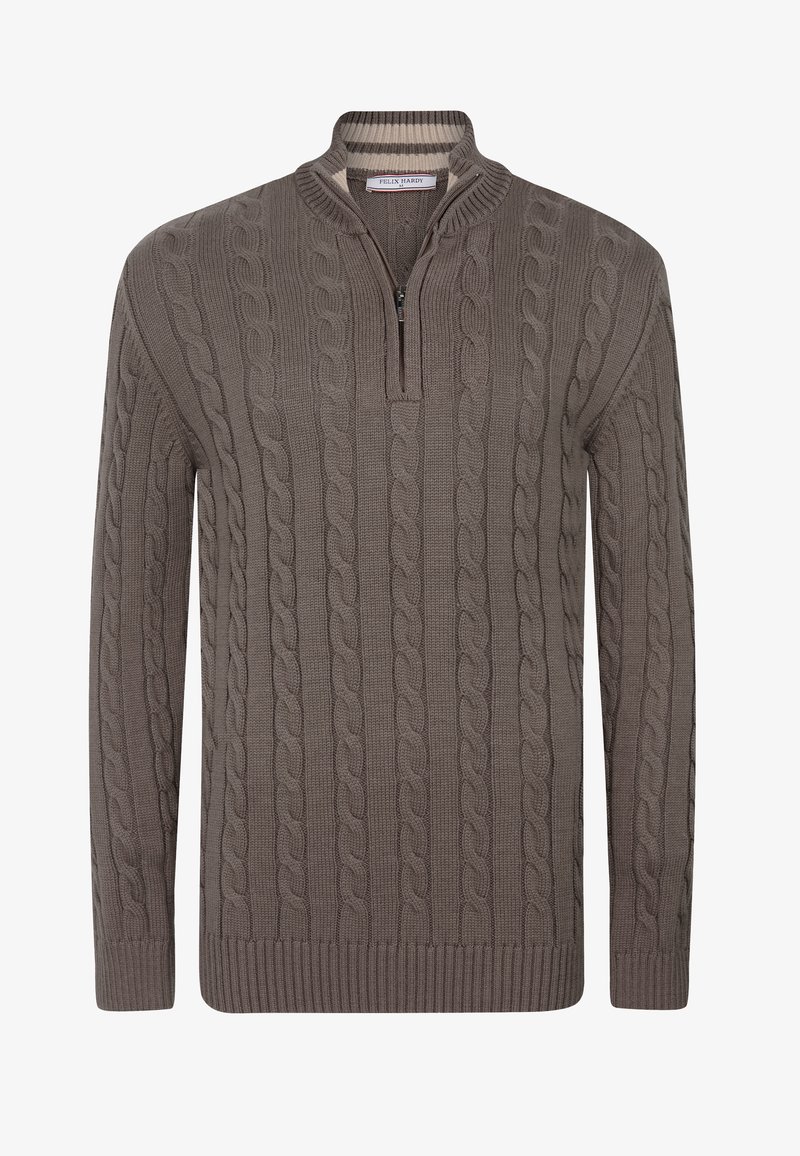 Cable-knit pullover trui in taupe, met een kraag met halve rits, geribbelde manchetten en zoom. Gemaakt van een gestructureerde gebreide stof.