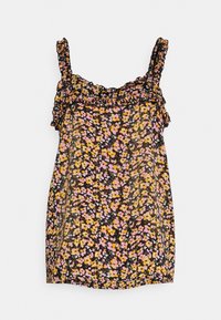 Kukkakuvioinen toppi ohuilla olkaimilla, röyhelöreunoilla, mustalla taustalla, jossa on keltaisia ja vaaleanpunaisia kukkia, valmistettu kevyestä kankaasta.