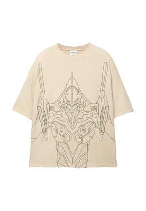 Beige oversized t-shirt featuring a black line drawing of a robotic figure on the front. Short sleeves and a crew neckline.