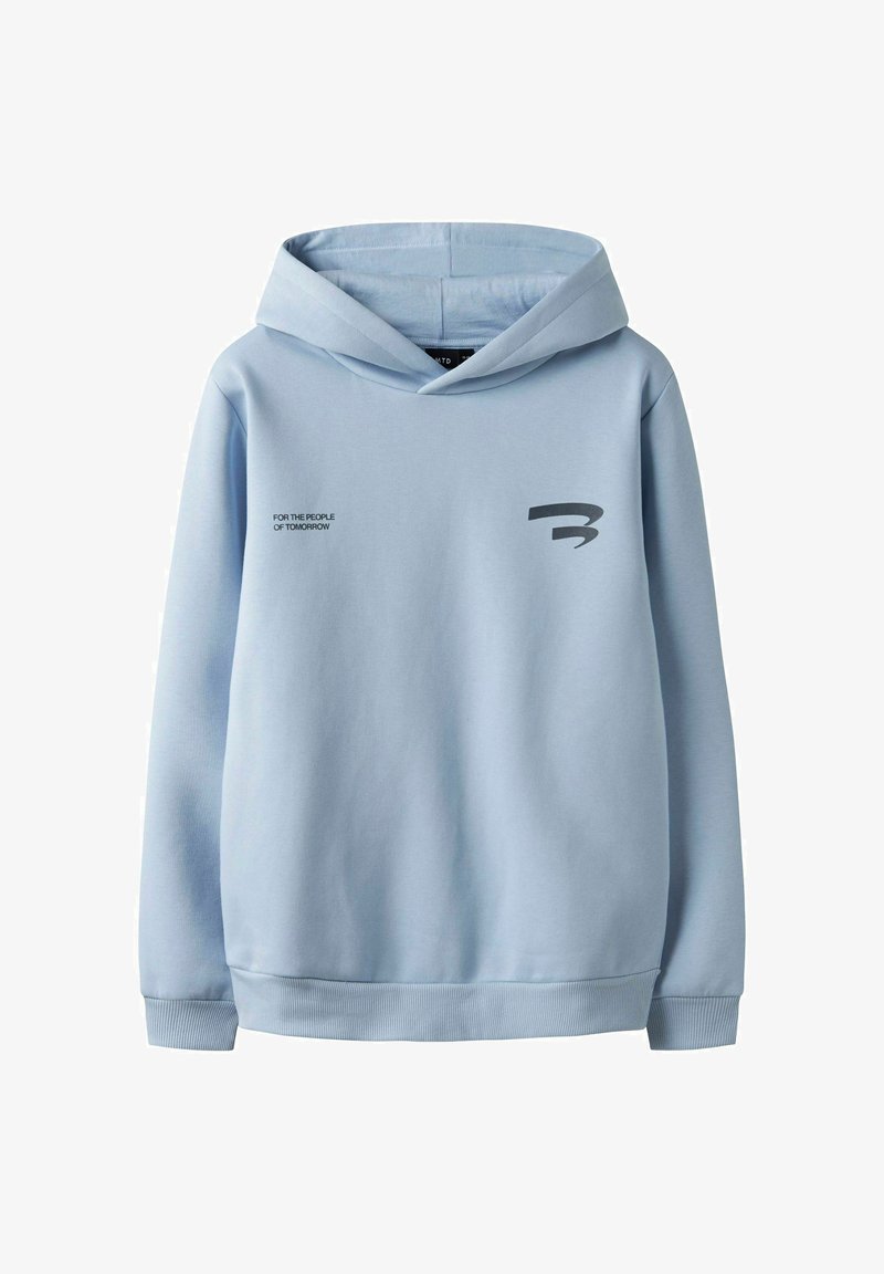 Felpa con cappuccio azzurro chiaro, maniche lunghe, polsini a costine e testo nero "FOR THE PEOPLE OF TOMORROW" con logo stilizzato "B" sul davanti.