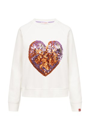 Biała bluza z długimi rękawami, z dużym sercem z cekinów w odcieniach fioletu i miedzi na przodzie.