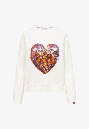 Biała bluza z długimi rękawami, z dużym sercem z cekinów w odcieniach fioletu i miedzi na przodzie.