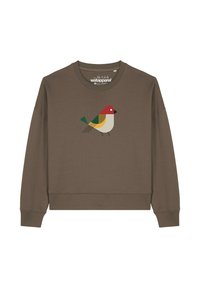 Bruine long-sleeve sweatshirt met een geometrische, meerkleurige vogelafbeelding gecentreerd op de voorkant.