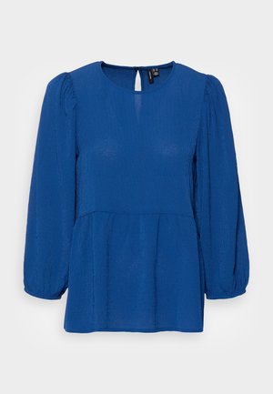Blue long-sleeve textured blouse with round neckline, puffed sleeves, gathered waist, and back button closure.