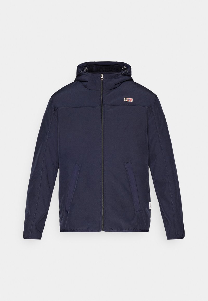 Chaqueta de cremallera azul marino con capucha, que presenta un logotipo en el pecho, dos bolsillos laterales y una textura suave.