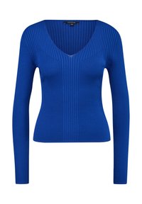 Prążkowany niebieski sweter z długim rękawem, z dekoltem w kształcie V, dopasowany krój i gładka faktura. Metka umieszczona wewnątrz dekoltu.